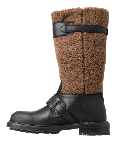Shop Dolce & Gabbana Black Leather Brown Shearling Men's Boots