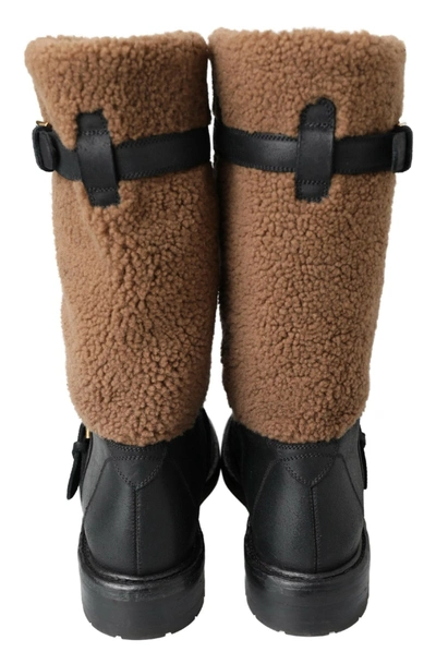 Shop Dolce & Gabbana Black Leather Brown Shearling Men's Boots