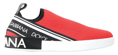 Shop Dolce & Gabbana Red White Flat Sneakers Loafers Men's Shoes In White And Red