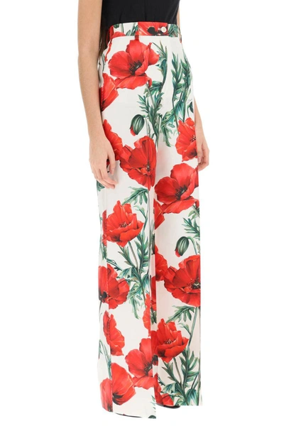 Shop Dolce & Gabbana Wide Leg Poppy Print Shantung Trousers In Multicolor