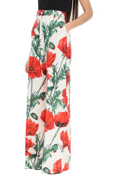 Shop Dolce & Gabbana Wide Leg Poppy Print Shantung Trousers In Multicolor