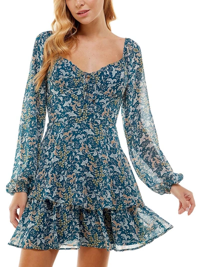 Shop City Studio Juniors Womens Floral Print Short Mini Dress In Blue