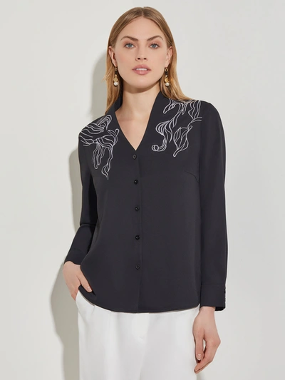 Shop Misook Abstract Stitch Embroidered Button-front Crepe Blouse In Multi