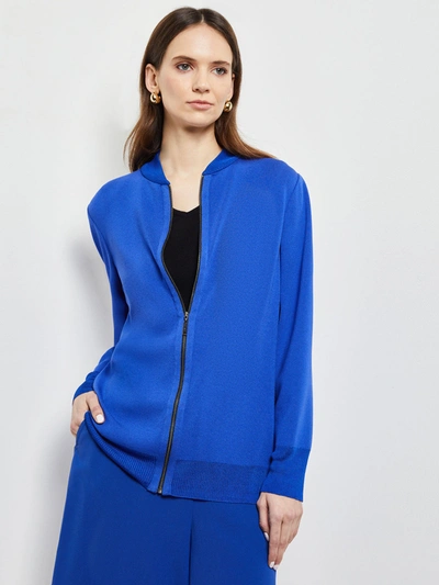Shop Misook Relaxed Zip Front Knit Bomber Jacket In Blue