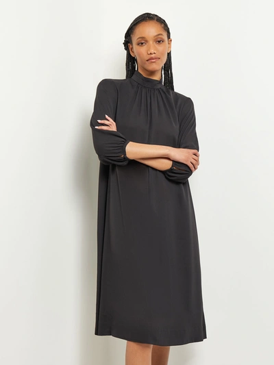 Shop Misook Pleated Mock Neck Crepe De Chine A-line Dress In Black