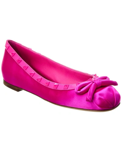 Shop Valentino Rockstud Satin & Leather Ballerina Flat In Pink
