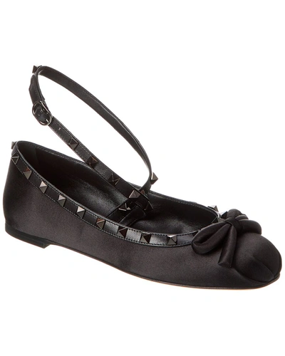 Shop Valentino Rockstud Satin & Leather Flat In Black