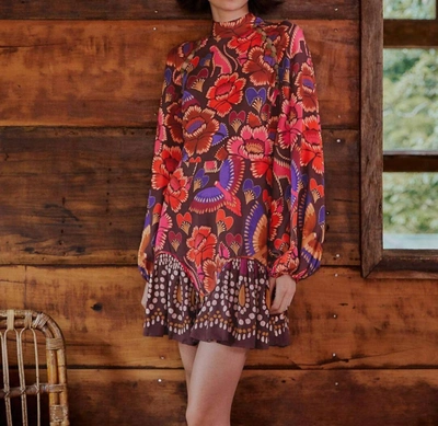 Shop Farm Rio Brown Bright Flora Long Sleeve Mini Dress In Patterned In Multi