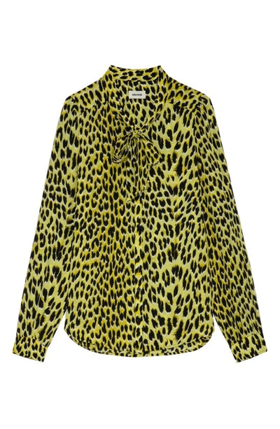 Shop Zadig & Voltaire Taos Leopard Spot Tie Neck Silk Blouse In Jonquil