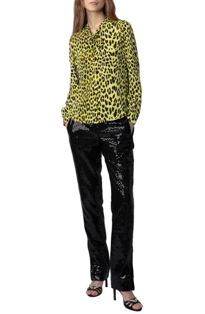 Shop Zadig & Voltaire Taos Leopard Spot Tie Neck Silk Blouse In Jonquil