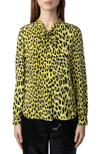 Shop Zadig & Voltaire Taos Leopard Spot Tie Neck Silk Blouse In Jonquil