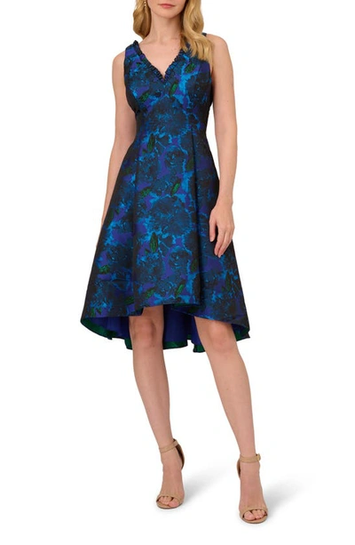 Shop Adrianna Papell Floral Jacquard High-low Fit & Flare Dress In Blue Multi