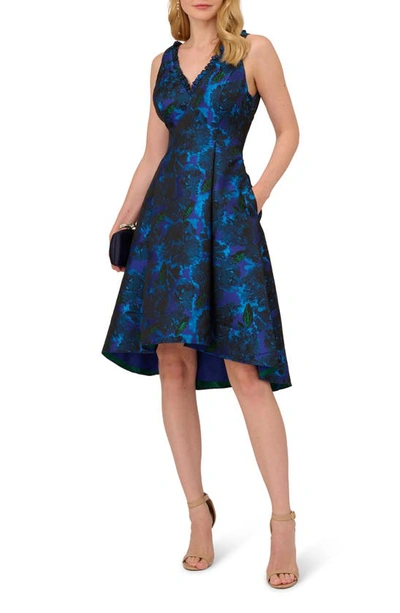 Shop Adrianna Papell Floral Jacquard High-low Fit & Flare Dress In Blue Multi