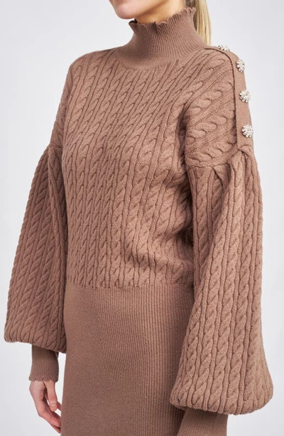 Shop En Saison Bettany Button Shoulder Long Sleeve Turtleneck Sweater Minidress In Brown