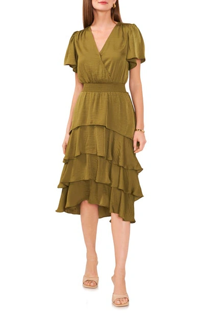 Shop Vince Camuto Flutter Sleeve Tiered Dress In Olive