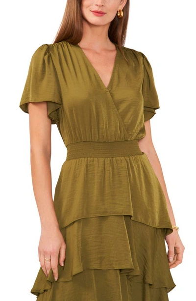 Vince Camuto Flutter Sleeve Tiered Dress In Olive