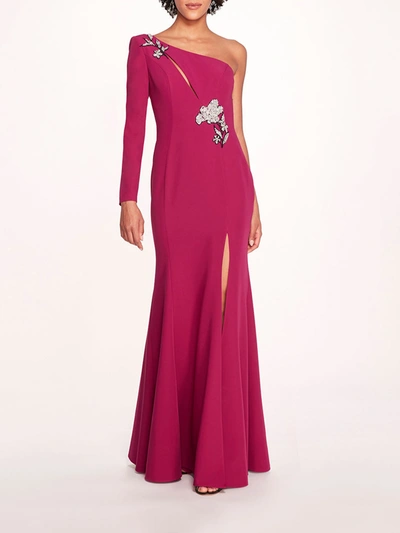 Shop Marchesa Beaded Floral Gown In Berry