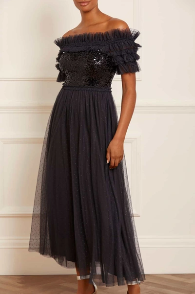 Shop Needle & Thread Sequin Wreath Bodice Off-shoulder Ankle Gown In Black