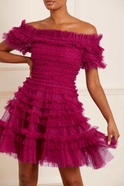 Shop Needle & Thread Lisette Ruffle Off Shoulder Micro Mini Dress In Pink