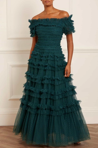 Shop Needle & Thread Lisette Ruffle Off Shoulder Gown In Green