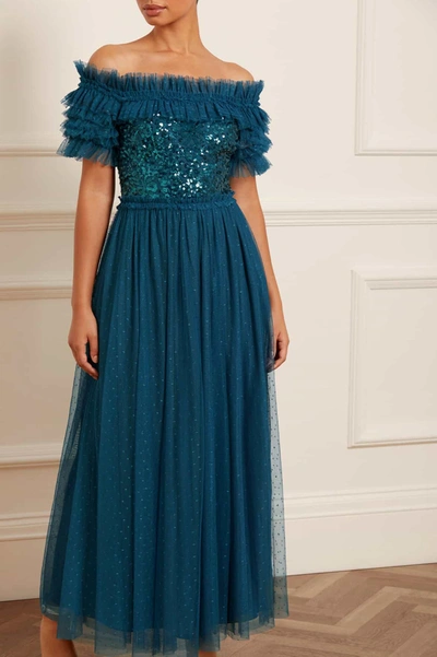 Shop Needle & Thread Sequin Wreath Bodice Off-shoulder Ankle Gown In Blue
