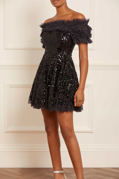 Shop Needle & Thread Sequin Wreath Off-shoulder Micro Mini Dress In Black
