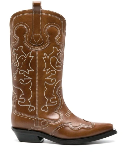 Shop Ganni Mid Shaft Embroidered Western Boot Shoes In Brown