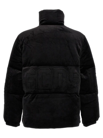 Shop Gcds 'logo Band' Velvet Down Jacket In Black