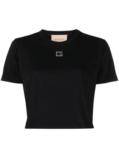 Shop Gucci G Rhinestone-embellished Cotton T-shirt In Black