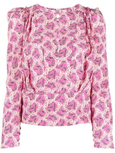 Shop Isabel Marant Silk Blend Blouse With Graphic Print In Pink &amp; Purple