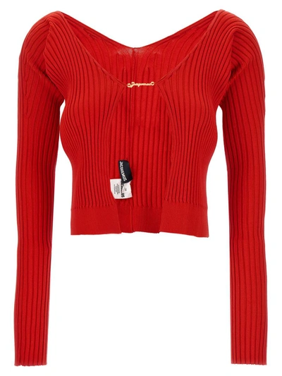 Jacquemus Ribbed Open-front Cardigan In Red