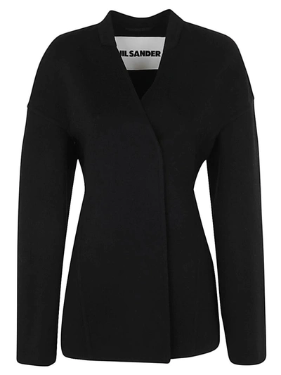 Shop Jil Sander Collarless Sculpted Double Breasted Jacket Hidden Covered Buttons Clothing In Black