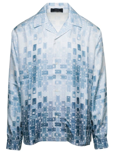 Shop Amiri Light Blue Shirt With Cuban Collar And Graphic Print In Silk Man