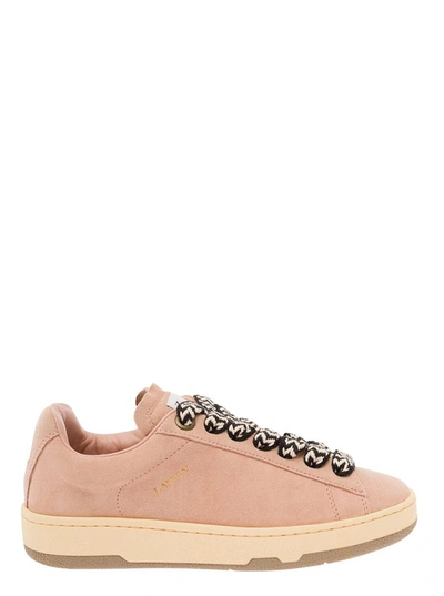 Shop Lanvin 'lite Curb' Pink Low Top Sneakers With Oversized Multicolor Laces In Suede Woman