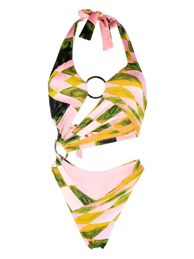 Shop Louisa Ballou Graphic Print Halter Neck Swimsuit In Multicolour