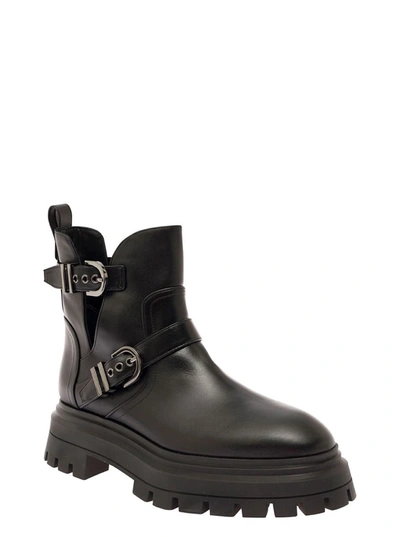 Shop Stuart Weitzman Black Ankle Boots With Cut-out And Belt Details In Smooth Leather Woman