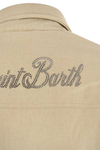 Shop Mc2 Saint Barth Shirt-cut Jacket With Rhinestone Print By St. Barth In Beige