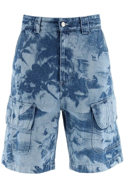 Shop Msgm Printed Denim Cargo Shorts In Blue