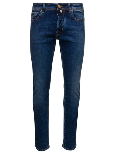 Shop Jacob Cohen Blue Slim Five Pockets Jeans With Logo Patch In Stretch Cotton Denim Man
