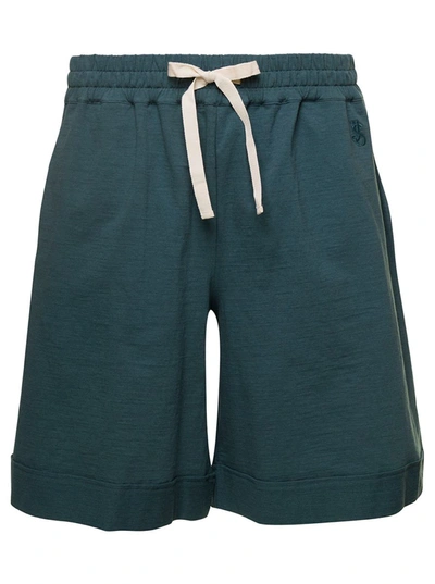 Shop Jil Sander Petrol Green Shorts With Drawstring In Stretch Cotton Man