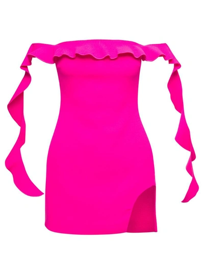 Shop David Koma Pink Off-shoulder Minidress With Ruches Detail In Wool Woman In Fuxia