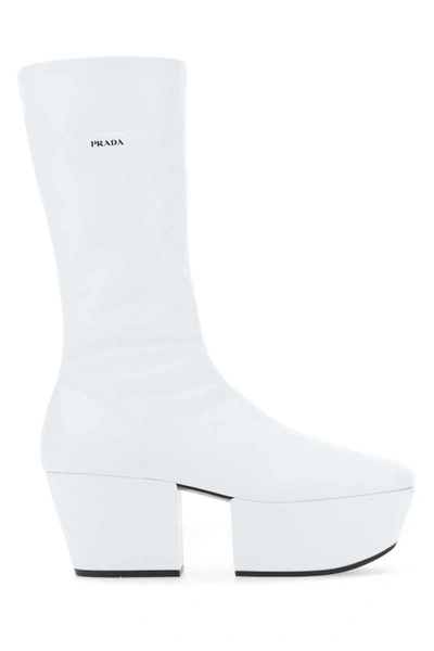 Prada Triangle Logo Platform Sole Boots In White
