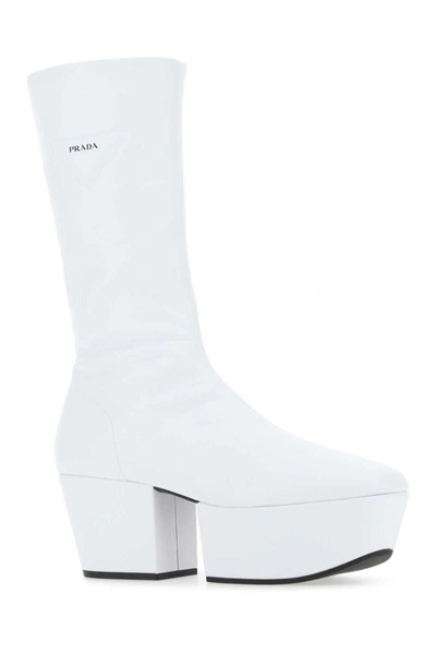Prada Triangle Logo Platform Sole Boots In White