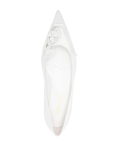 Shop Prada Flower-embellished Leather Ballerina Pumps In Bianco