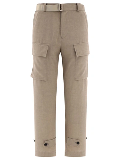 Shop Sacai Cargo Tailored Trousers In Beige