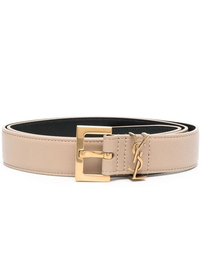 Saint Laurent Women's Milo Logo Buckle Leather Belt In Nude &amp; Neutrals