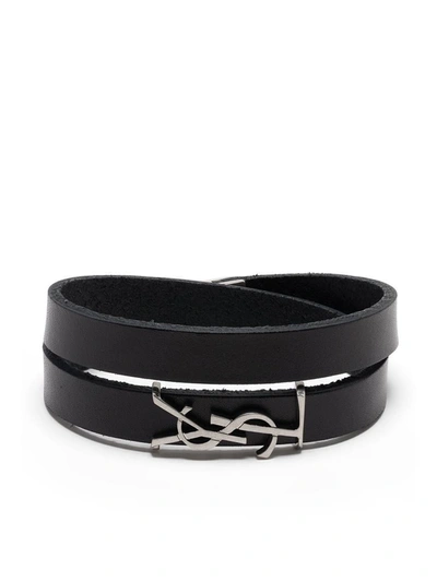 Shop Saint Laurent Opyum Leather Double-loop Bracelet In Black