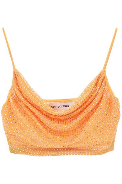 Shop Self-portrait Self Portrait Cropped Top In Mesh With Rhinestones All-over In Orange