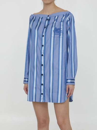 Etro Off-the-shoulder Embroidered Striped Cotton And Silk-blend Mini Shirt Dress In Blue
