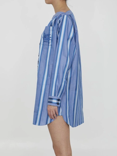 Etro Off-the-shoulder Embroidered Striped Cotton And Silk-blend Mini Shirt Dress In Blue